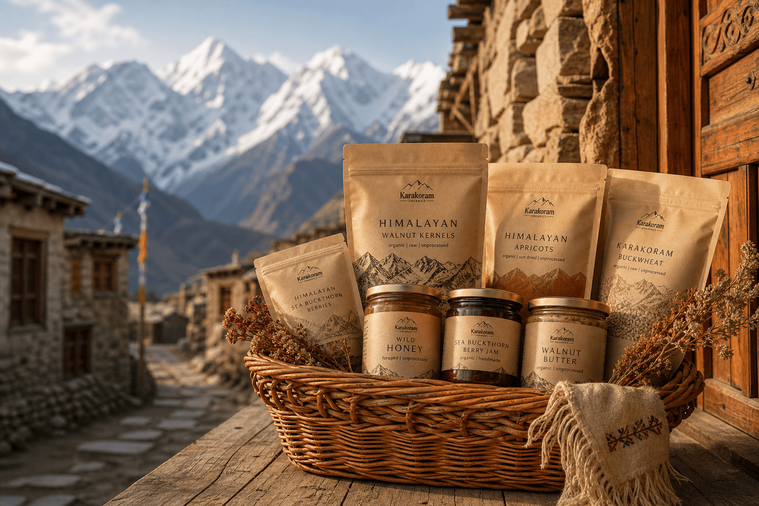 Skardu Origins products packed in a basket in a mountain village