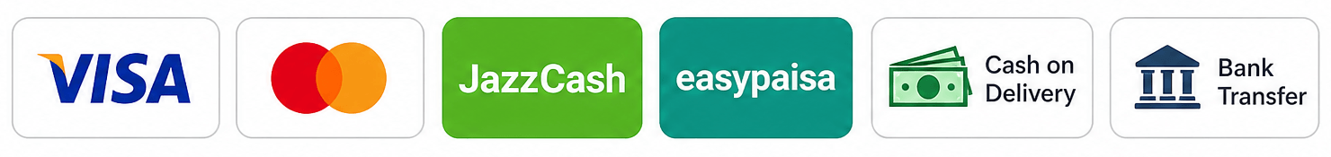 Accepted payments: Visa, Mastercard, JazzCash, Easypaisa, Cash on Delivery, Bank Transfer